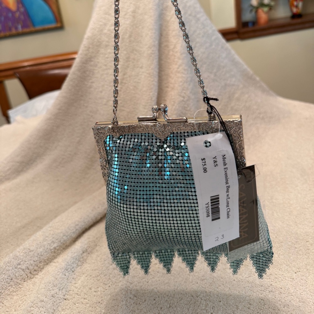 Glamorous Silver and Blue Clutch with Fringe Detail